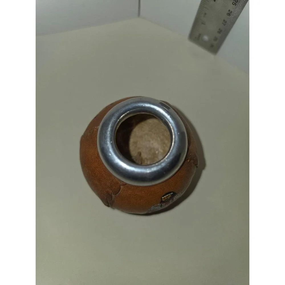 Vintage leather-wrapped mate gourd Argentina pencil‎ cup souvenir flower vase